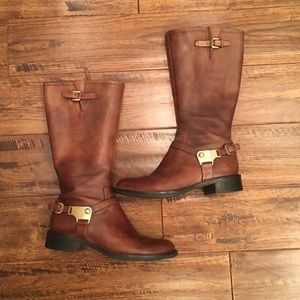 Ecco Hobart Tall Harness Boot-Brown-Sz 6-Wide Calf